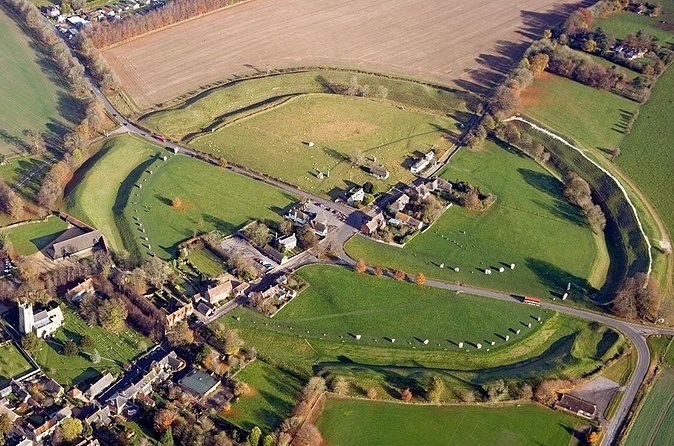 Avebury henge from the air, the bank and ditch enclosing part of the village
